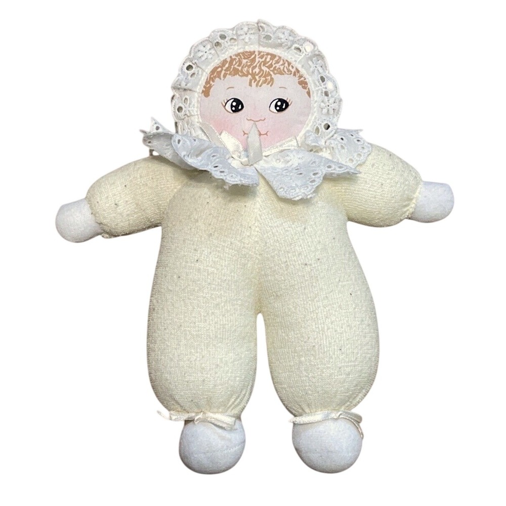 Vintage Russ Yellow Cloth Baby Doll W/Rattle Plush‎ Printed Fabric Face 8"